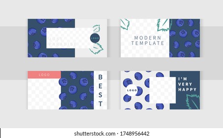 Beautiful blueberries pattern attract attention on dark blue background. Trendy editable set horizontal banner with frame for images. 