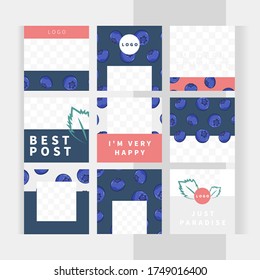 Beautiful blueberries pattern attract attention on dark blue background. Set of square templates for design of social networks, story and print with windows for images. 