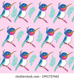 Beautiful bluer hummingbird seamless pattern on a pink background. Vector cartoon illustration with funny summer animals
