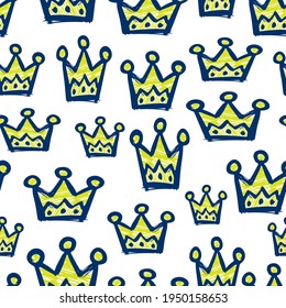 Beautiful blue-yellow sketch of a crown isolated on a white background. Cute seamless pattern. Vector simple flat graphic hand drawn illustration. Texture.