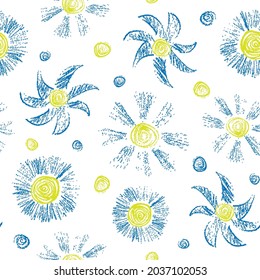 Beautiful blue-yellow sketch flowers isolated on white background. Childish cute floral seamless pattern. Vector simple flat graphic hand drawn illustration. Texture.