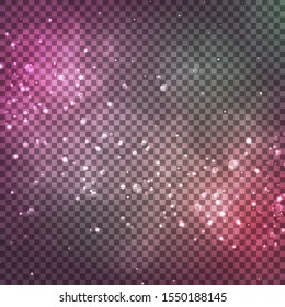 Beautiful blurred backdrop in pink and purple soft colors. Bright bokeh blur on transparent background. Night glitter lights and gradients. Abstract defocused wallpaper vector illustration.