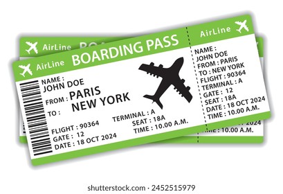 Beautiful boarding passes. Two green flat design airplane tickets. Hand drawn vector icon illustration.