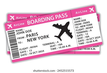 Beautiful boarding passes. Two pink flat design airplane tickets. Hand drawn vector icon illustration.