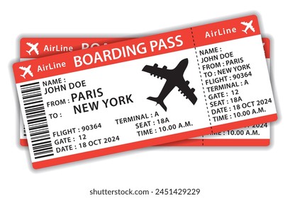 Beautiful boarding passes. Two red flat design airplane tickets. Hand drawn vector icon illustration.