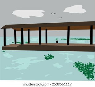 Ilustração de vetor de molhe de barco bonito. Kerala velho estilo barco molhe atração turística spot.Simple velho edifício perto do lago com algas verdes.