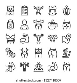 Beautiful body, fitness and weight loss icons set. Healthy lifestyle symbols. Line style