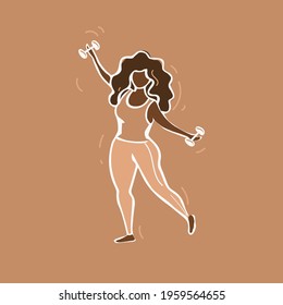 Beautiful body positive black woman doing pilates. Sport, active health lifestyle,self love,care. Vector hand drawn illustration. African american, online workout. Terracotta colors poster.