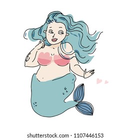 Beautiful Body Positive Mermaid. Siren. Hand drawn vector illustration