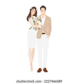 beautiful bohemian casual bride and groom wedding couple with bride maid and groomsman cartoon flat sytle