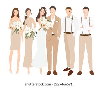 beautiful bohemian casual bride and groom wedding couple with bride maid and groomsman cartoon flat sytle