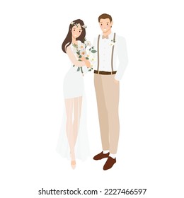 beautiful bohemian casual bride and groom wedding couple cartoon flat sytle