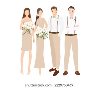 beautiful bohemian casual bride and groom wedding couple with bride maid and groomsman cartoon flat sytle