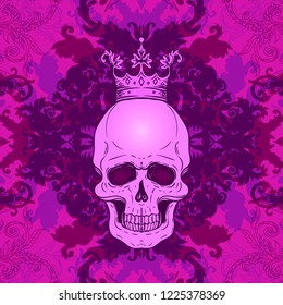 Beautiful bohemian damask seamless ornament. Baroque tattoo style pattern with skull. Vintage ornate vector wallpaper, decorative vector art.