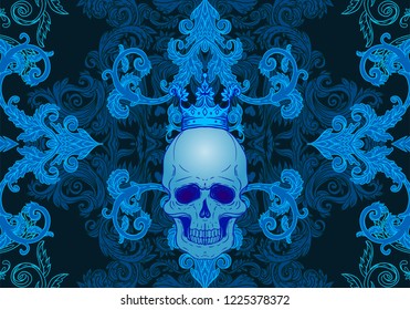 Beautiful Bohemian Damask Seamless Ornament. Baroque Tattoo Style Pattern With Skull. Vintage Ornate Vector Wallpaper, Decorative Vector Art.