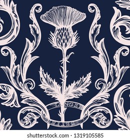 Beautiful bohemian damask seamless ornament with thistle flower.