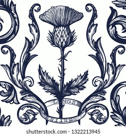 Beautiful bohemian damask seamless ornament with thistle flower.