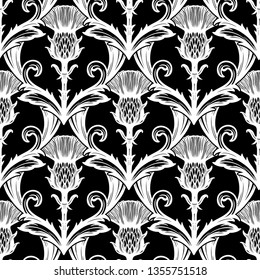 Beautiful bohemian damask seamless ornament with thistle flower.