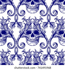Beautiful bohemian damask seamless ornament. Baroque tattoo style pattern with skull. Vintage ornate vector wallpaper, decorative vector art.


