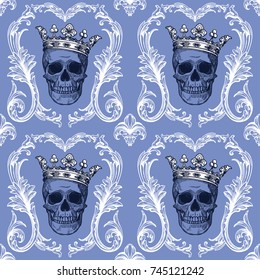Beautiful bohemian damask seamless ornament. Baroque tattoo style pattern with skull. Vintage ornate vector wallpaper, decorative vector art.
