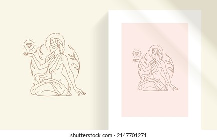 Beautiful bohemian female with floral decor and gemstone line art style vector illustration. Boho woman with leaves linear drawing for poster and esoteric practices logo decoration or fashion print.