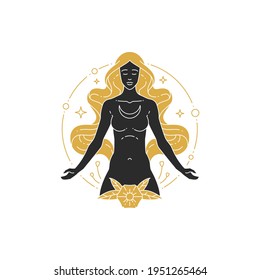 Beautiful bohemian female with moon crescent silhouette modern drawing. Bohemian style female vector illustration for wall art poster print template. Magic women design concept.