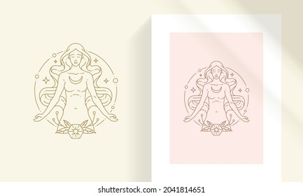 Beautiful bohemian female with moon line art style vector illustration. Boho meditating woman with crescent linear drawing for poster and esoteric practices logo emblem decoration or fashion print.