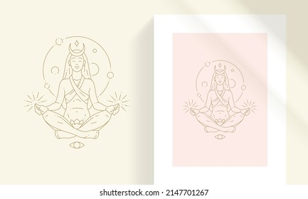 Beautiful bohemian female in yoga pose line art style vector illustration. Boho woman meditating linear drawing for poster and esoteric practices logo emblem decoration or fashion print.