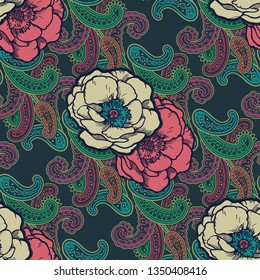 Beautiful bohemian floral paisley seamless ornament. Baroque tattoo style pattern with rose flowers.