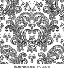 Beautiful bohemian floral paisley seamless ornament. Baroque tattoo style pattern with rose flowers. Vintage ornate vector wallpaper, decorative vector art.
