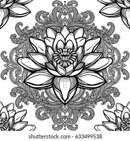 Beautiful bohemian floral paisley seamless ornament. Baroque tattoo style pattern with lotus flowers. Vintage ornate vector wallpaper, decorative vector art.