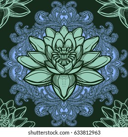 Beautiful bohemian floral paisley seamless ornament. Baroque tattoo style pattern with lotus flowers. Vintage ornate vector wallpaper, decorative vector art.
