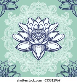 Beautiful bohemian floral paisley seamless ornament. Baroque tattoo style pattern with lotus flowers. Vintage ornate vector wallpaper, decorative vector art.
