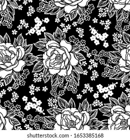 Beautiful bohemian floral seamless ornament. Baroque tattoo style pattern with peony or rose flowers.