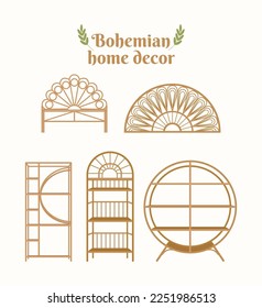 Beautiful bohemian furniture and decoration. Bohemian home decoration vector