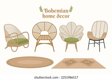 Bonito mobiliario y decoración bohemio. Vector de decoración del hogar bohemio