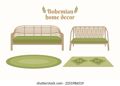 Beautiful bohemian furniture and decoration. Bohemian home decoration vector