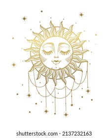 A beautiful bohemian golden sun with a face and closed eyes, adorned with jewels, stars and beads. Hand drawn vintage tattoo. Celestial symbol for tarot cards and astrology. Vector illustration