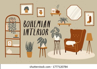 Beautiful bohemian living room interior with comfy armchair, home plants and white cat. Boho interior set with home plants. Vector bohemian interior