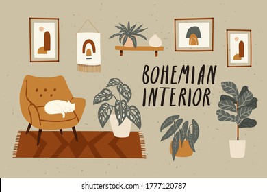 Beautiful bohemian living room interior with comfy armchair, home plants and white cat. Boho interior set with home plants. Vector bohemian interior