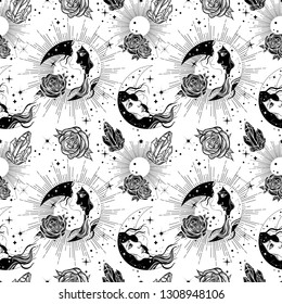 Beautiful bohemian seamless pattern with moon, crystals and roses. Print could be used for yoga mat, phone case, textile.