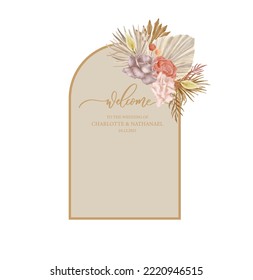 Beautiful bohemian wedding arch with watercolor flowers Roses and leaves. Vector holiday illustration in vintage style. Floral design