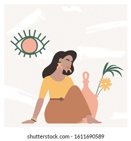 Beautiful bohemian woman sitting on the floor in modern interior with vase, and palm leaves. Summer vacation mood, boho chic art print, terracotta. Flat vector illustration in warm pastel colors.