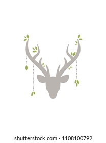 Beautiful boho card with silhouette of deer head with antlers and green leaves. Wild nature composition isolated on white. Ethnic illustration. Spring and summer