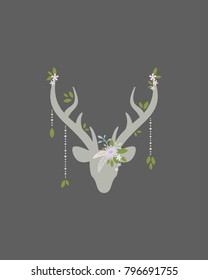 Beautiful boho card with silhouette of deer head with antlers, feathers and flowers, green leaves and wild berry sprig. Wild nature composition isolated on grey. Ethnic illustration. Spring and summer