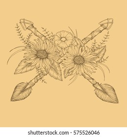 Beautiful boho elements . arrows, feathers and flowers, for colouring book, tattoo, cards