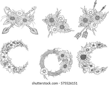 Beautiful boho elements . arrows, feathers and flowers, for colouring book, tattoo, cards