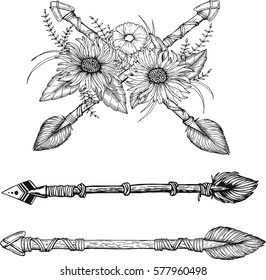 Beautiful boho elements  arrows, feathers and flowers