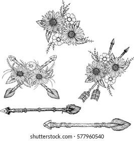 Beautiful boho elements  arrows, feathers and flowers