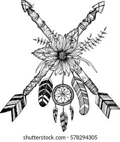 Beautiful boho elements . arrows, feathers and flowers